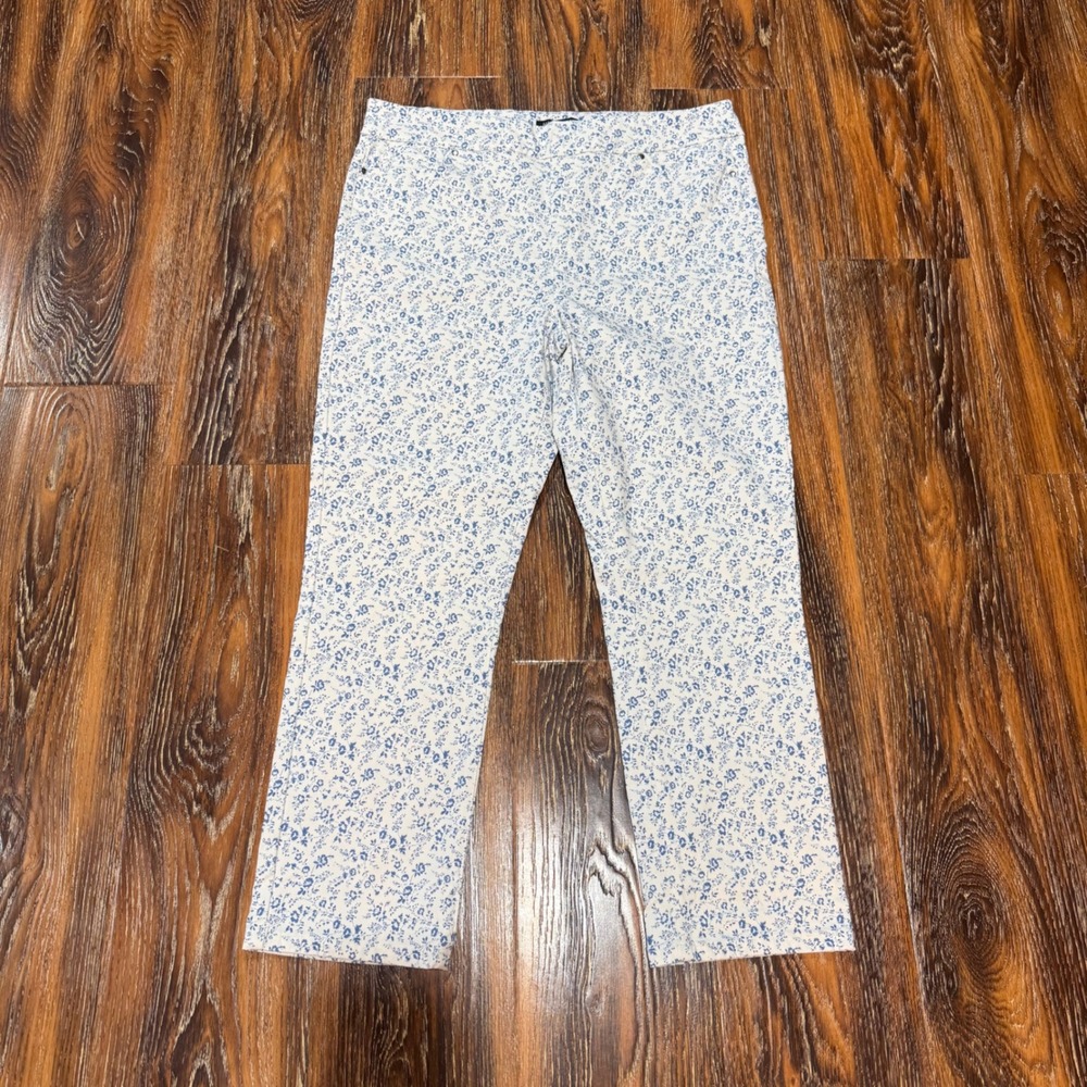 Mario Serrani L Crop Pants Womens White Blue Floral Stretch Pull On Jean